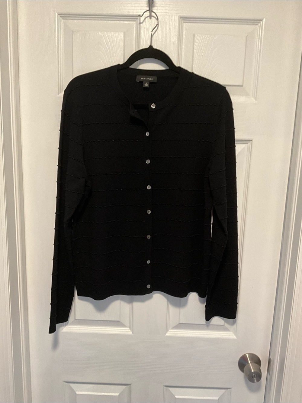 Ann Taylor Black Button Front Cardigan With A Textured Striped Design Size XL